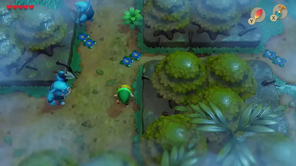 Link on the forest path past two Moblins Link on the forest path past two Moblins