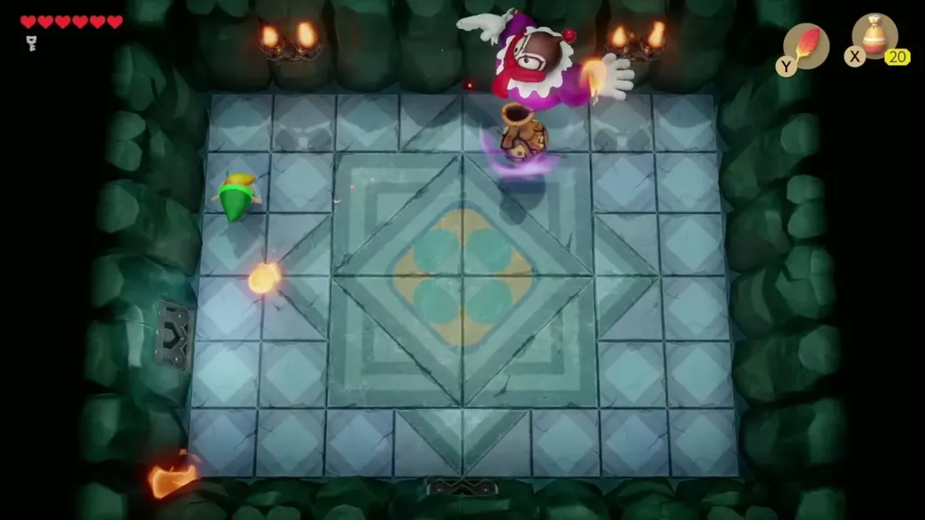 Link dodging the Genie's fireball in the Bottle Grotto boss room Link dodging the Genie's fireball in the Bottle Grotto boss room