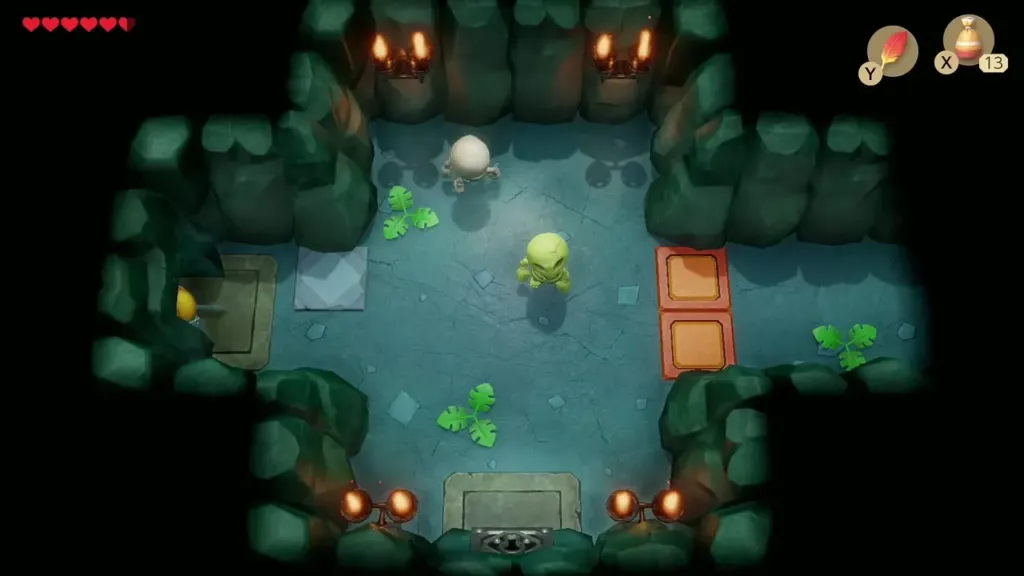 Link facing a Stalfos in a Bottle Grotto room with floor switches Link facing a Stalfos in a Bottle Grotto room with floor switches