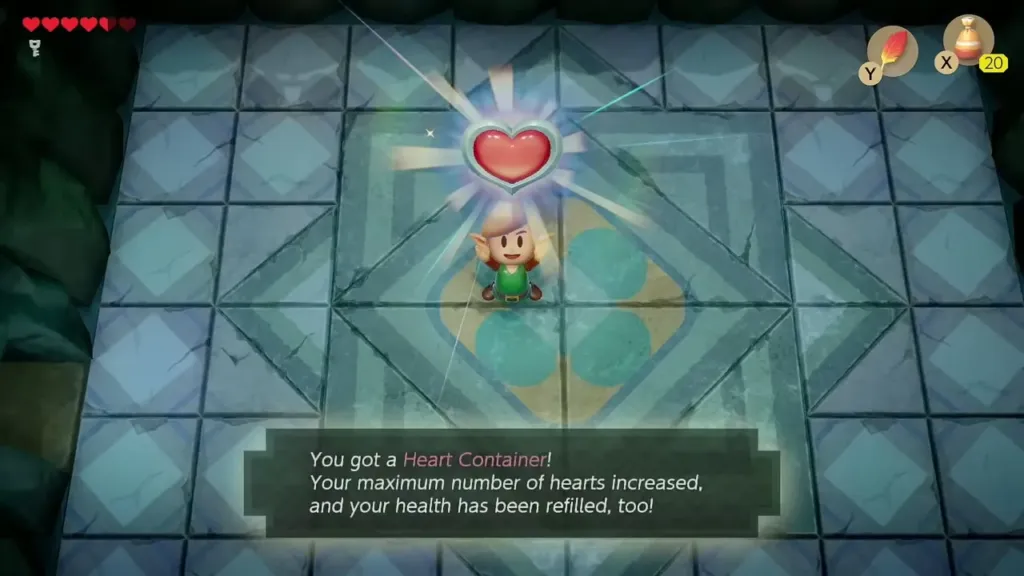 Link holding up a Heart Container after the Genie falls Link holding up a Heart Container after the Genie falls