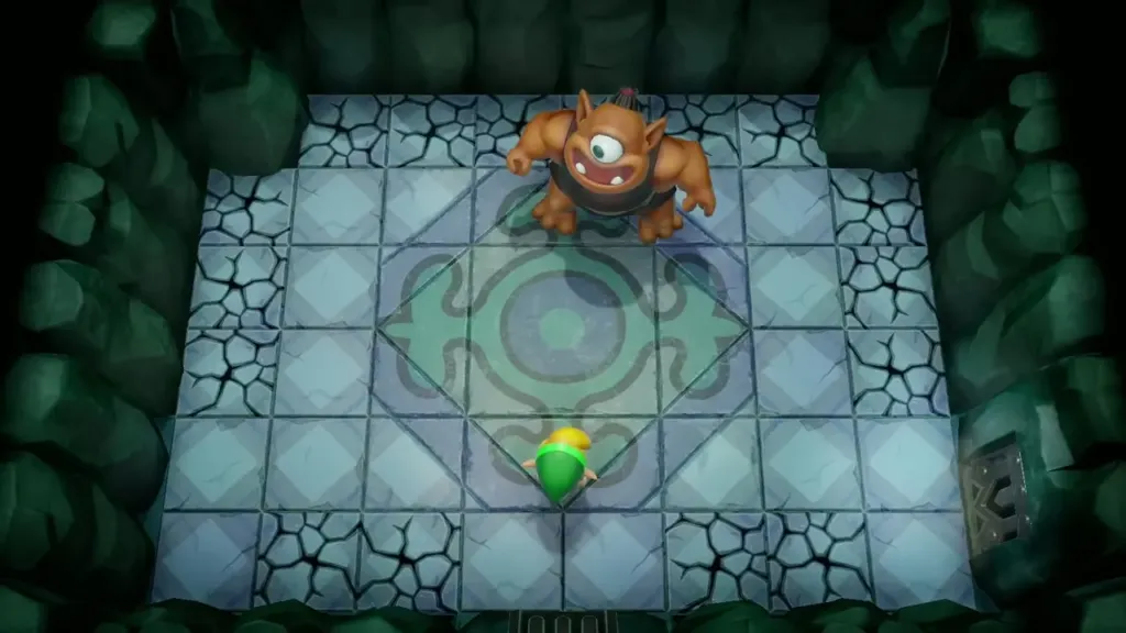 Link facing the Hinox in the cracked-floor arena Link facing the Hinox in the cracked-floor arena
