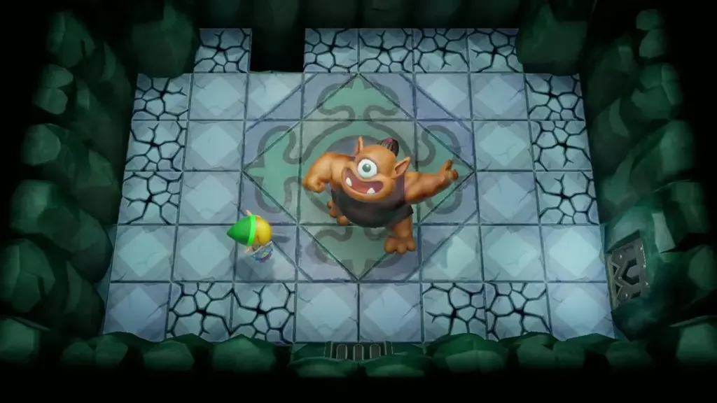 The Hinox in the middle of the arena with Link keeping his distance The Hinox in the middle of the arena with Link keeping his distance