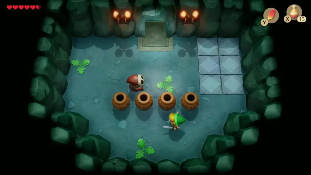 Link beside a row of pots as a Mask-Mimic walks nearby Link beside a row of pots as a Mask-Mimic walks nearby