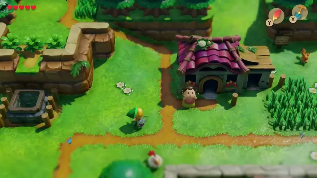 Link approaching Madam MeowMeow outside her house in Mabe Village Link approaching Madam MeowMeow outside her house in Mabe Village