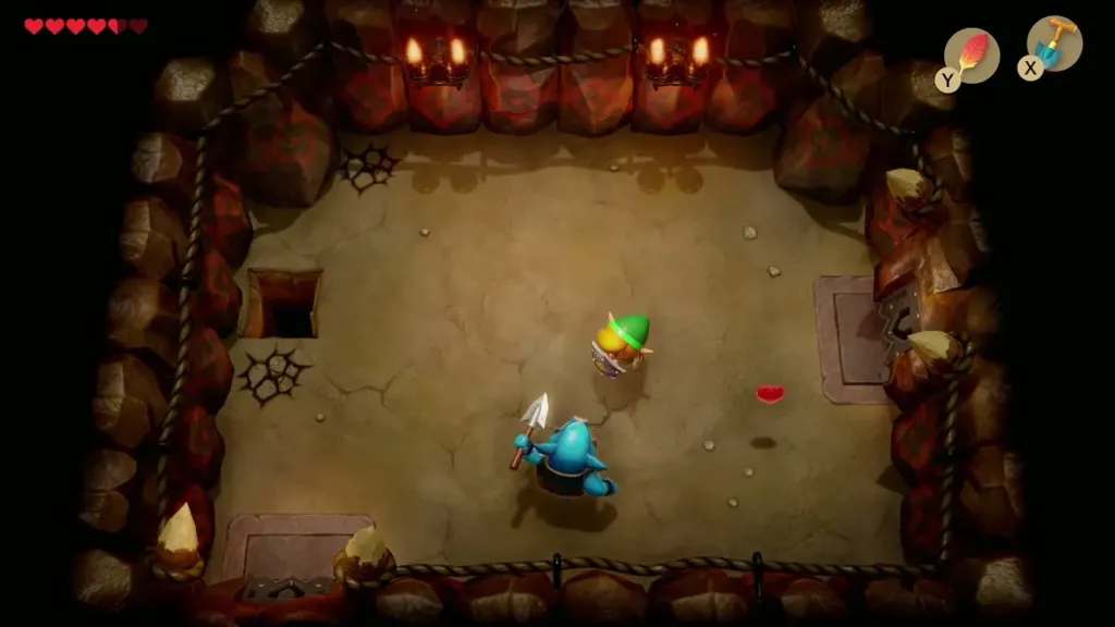 Link fighting a spear Moblin in the second room of the Moblin Cave Link fighting a spear Moblin in the second room of the Moblin Cave