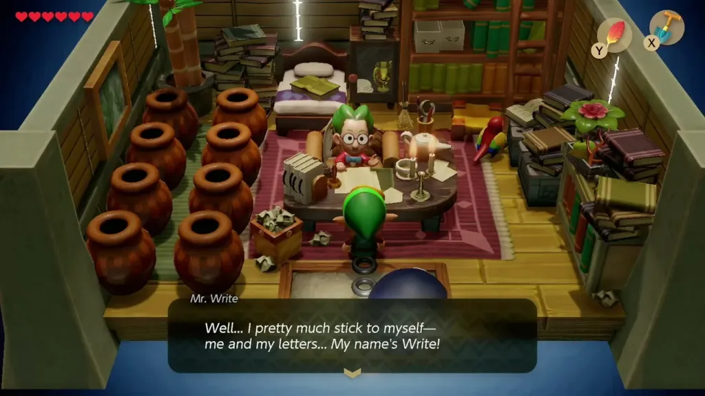 Link talking to Mr. Write inside his small house Link talking to Mr. Write inside his small house