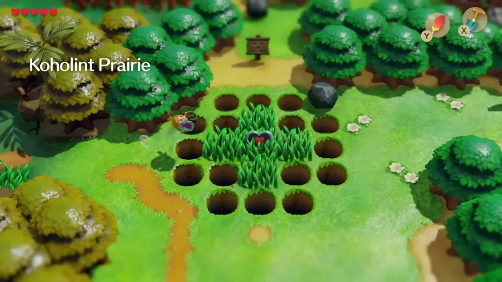 A ring of pits around a grass island holding a Piece of Heart A ring of pits around a grass island holding a Piece of Heart