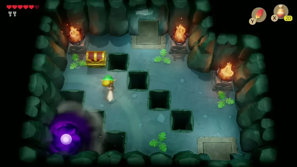 Link crossing the pit room toward the chest in the far corner of Bottle Grotto Link crossing the pit room toward the chest in the far corner of Bottle Grotto