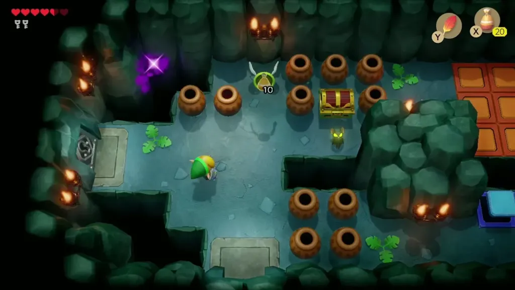 Link in a room of pots with a chest and a guard enemy Link in a room of pots with a chest and a guard enemy