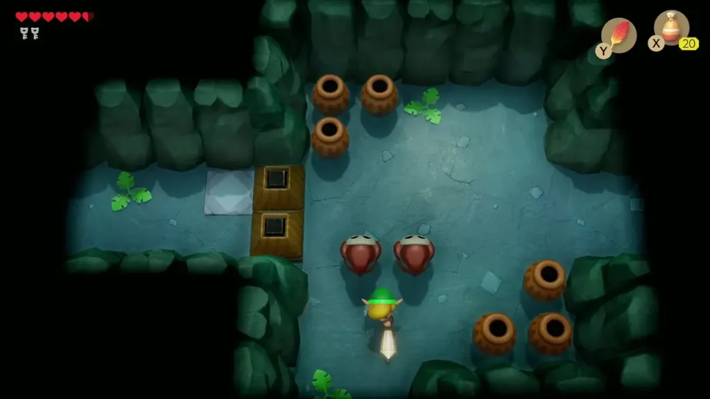 Link swinging his Sword at two Mask-Mimics in a pot room Link swinging his Sword at two Mask-Mimics in a pot room