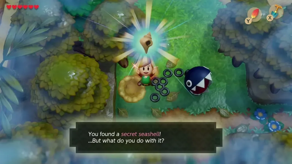 Link holding up a Secret Seashell dug up in the forest Link holding up a Secret Seashell dug up in the forest