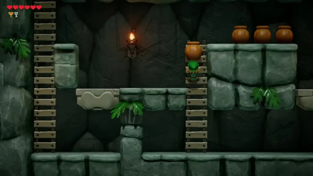 Link carrying a pot on a ladder in the side-scrolling passage Link carrying a pot on a ladder in the side-scrolling passage