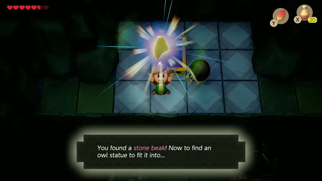 Link holding up the Stone Beak with the message box Link holding up the Stone Beak with the message box