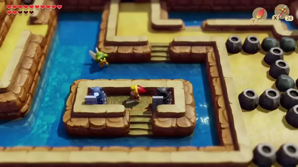 Link on the small island with two Armos statues surrounded by water Link on the small island with two Armos statues surrounded by water
