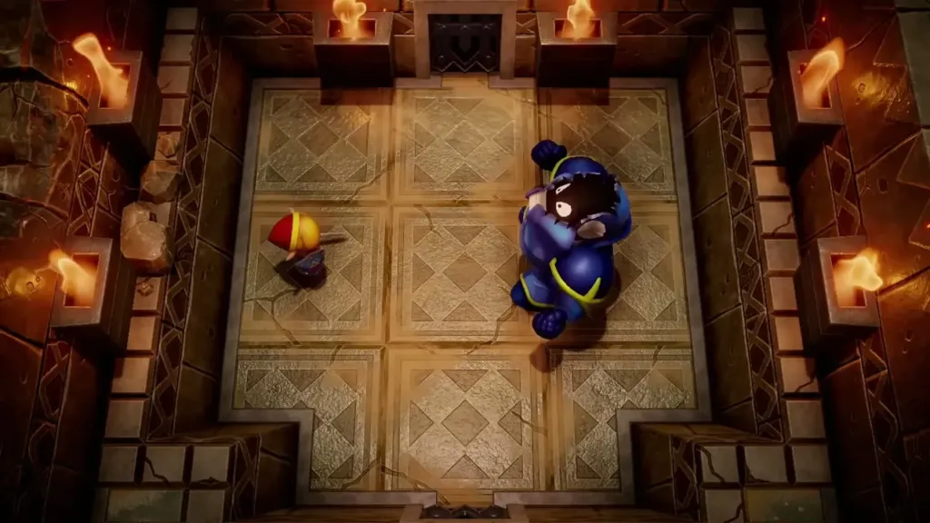 The stunned blue Armos Knight crouching as Link stands at the left The stunned blue Armos Knight crouching as Link stands at the left