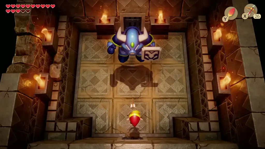 The Armos Knight leaping with its shadow on the floor as Link aims a bow The Armos Knight leaping with its shadow on the floor as Link aims a bow