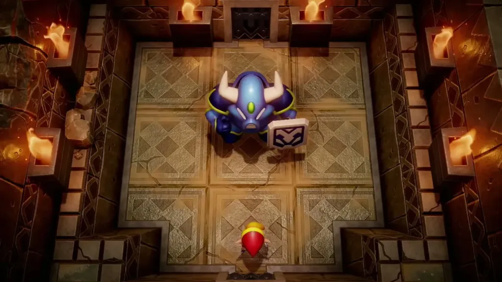 Link facing the Armos Knight in the torch-lit boss room Link facing the Armos Knight in the torch-lit boss room