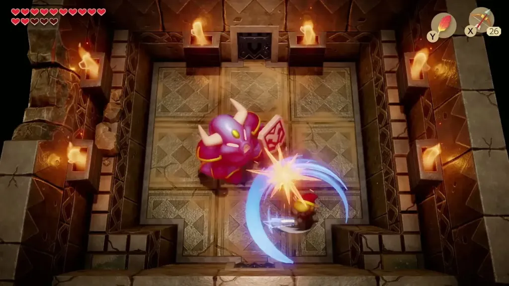 Link slashing the red, enraged Armos Knight with his sword Link slashing the red, enraged Armos Knight with his sword