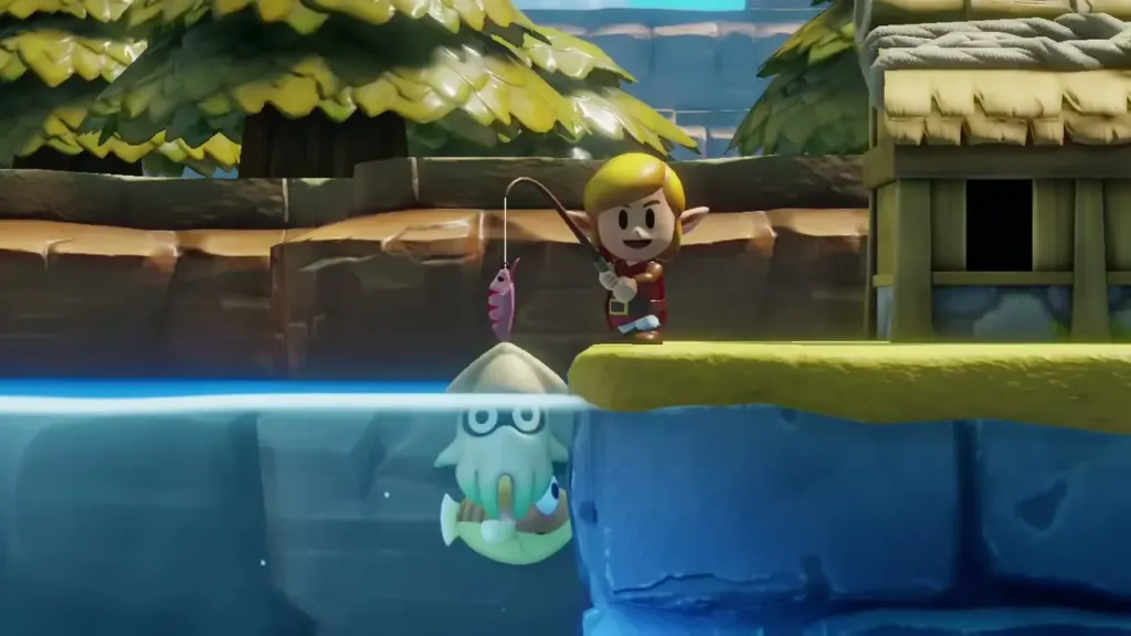 Link on the Fishing Pond ledge with a Blooper swimming up at the end of his line Link on the Fishing Pond ledge with a Blooper swimming up at the end of his line