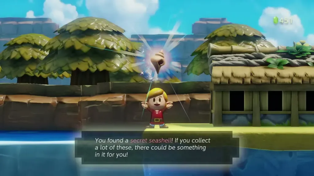 Link holding up a Secret Seashell at the Fishing Pond with its item box shown Link holding up a Secret Seashell at the Fishing Pond with its item box shown
