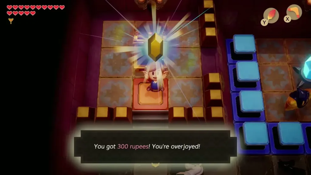 Link holding up a 300 rupee gem with the message that he got 300 rupees Link holding up a 300 rupee gem with the message that he got 300 rupees