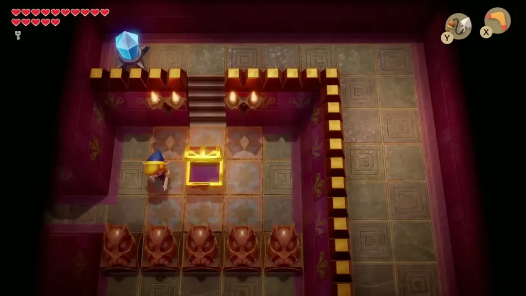 Link beside the chest on the raised platform below the crystal switch Link beside the chest on the raised platform below the crystal switch