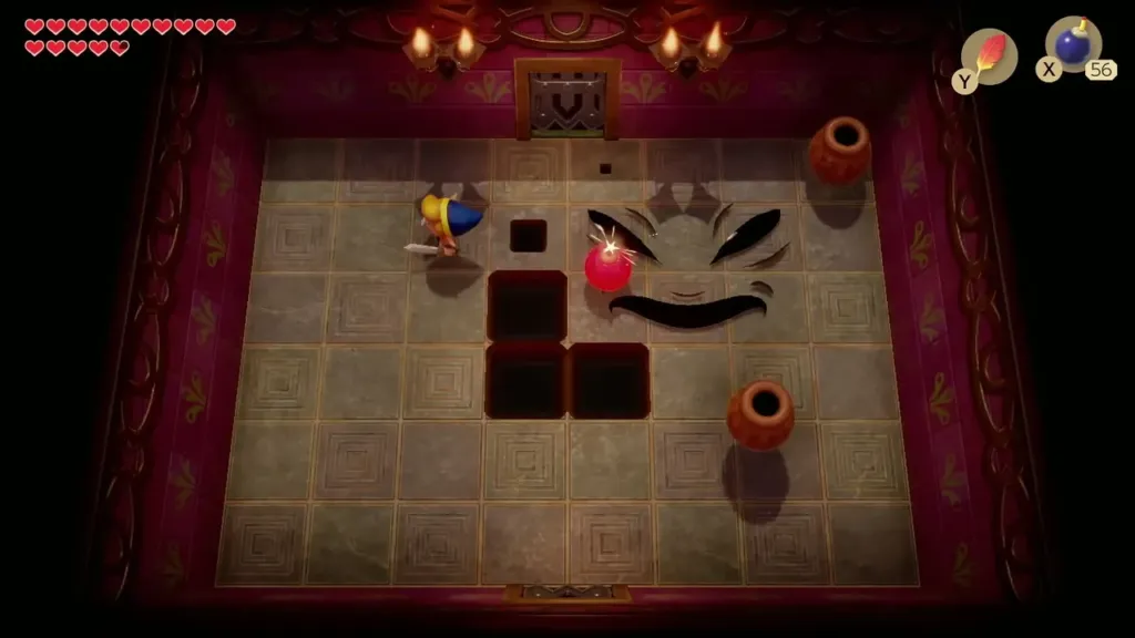 Link dodging holes in the floor as a bomb lands by Facade's eye Link dodging holes in the floor as a bomb lands by Facade's eye