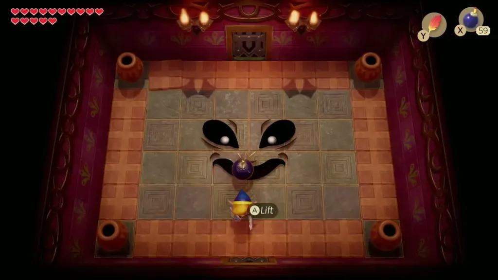 Facade's face on the boss room floor with Link holding a bomb Facade's face on the boss room floor with Link holding a bomb