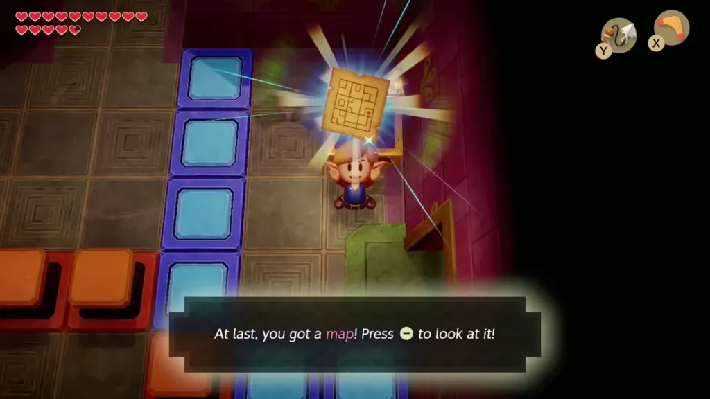 Link holding up the Dungeon Map with the message that he got a map Link holding up the Dungeon Map with the message that he got a map