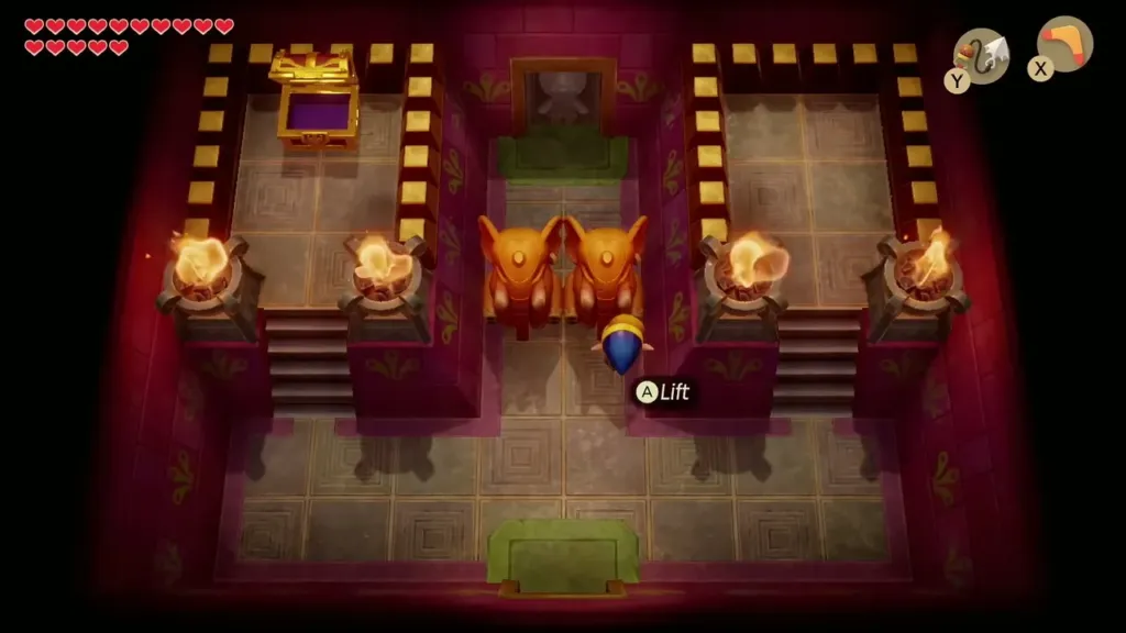 Link ready to lift an elephant statue, the chest now open Link ready to lift an elephant statue, the chest now open