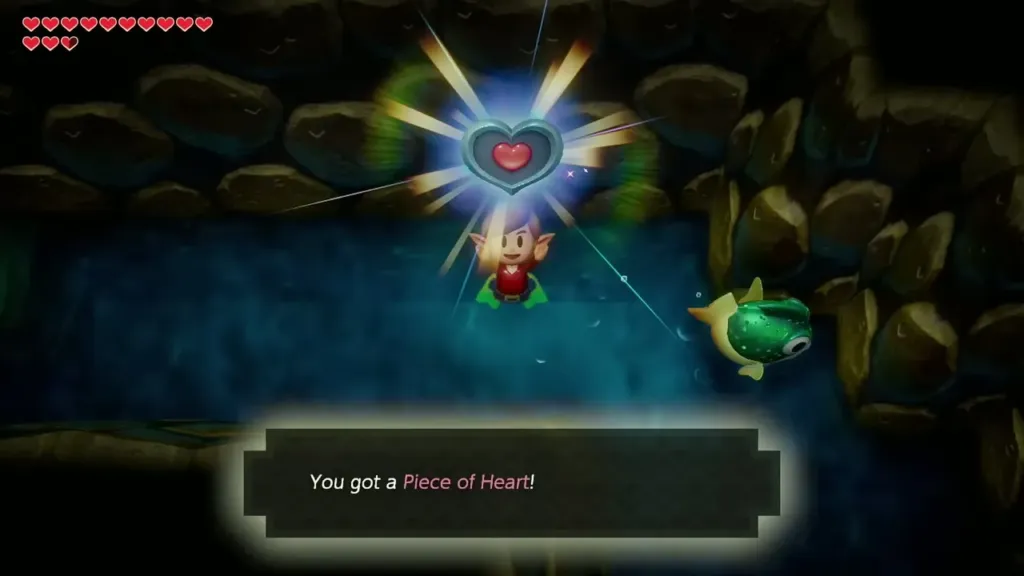 Link holding up a Piece of Heart in the flooded tunnel with the item box shown Link holding up a Piece of Heart in the flooded tunnel with the item box shown