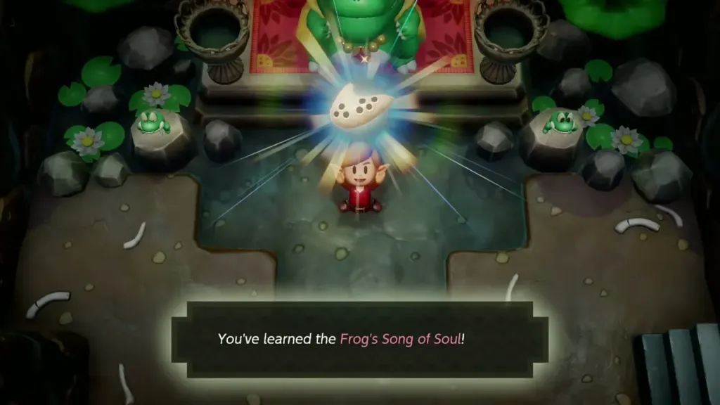 Link holding up the Ocarina with the box saying he learned the Frog's Song of Soul Link holding up the Ocarina with the box saying he learned the Frog's Song of Soul