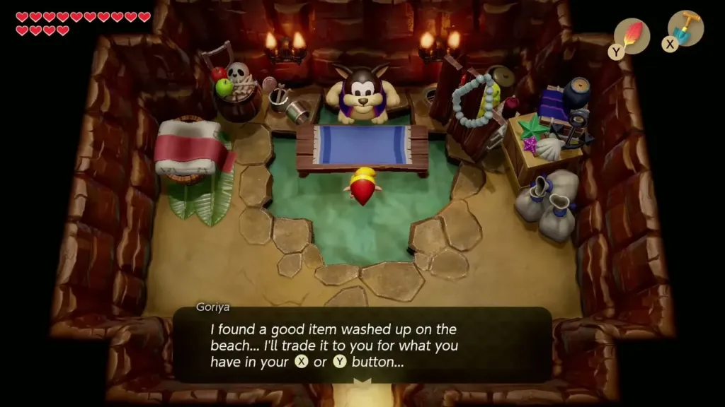 The Goriya offering to trade a washed-up item for what Link has on a button The Goriya offering to trade a washed-up item for what Link has on a button