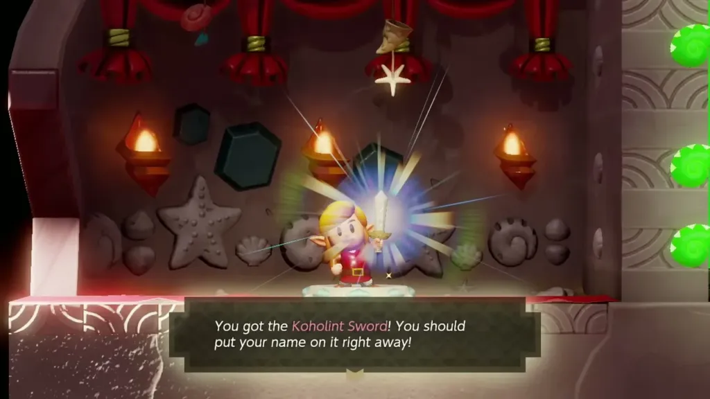 Link holding up the Koholint Sword with its name box in the Seashell Mansion Link holding up the Koholint Sword with its name box in the Seashell Mansion