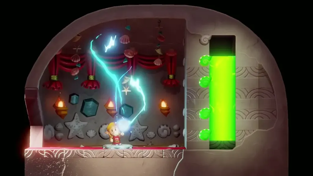 Lightning crackling around Link as he raises his sword in the Seashell Mansion Lightning crackling around Link as he raises his sword in the Seashell Mansion