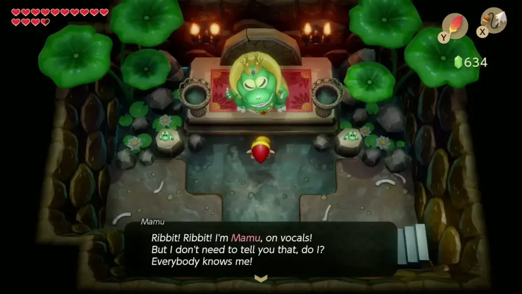 Link facing Mamu the frog in his cave Link facing Mamu the frog in his cave
