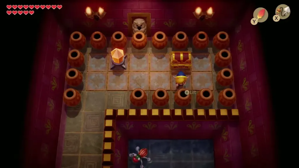 Chest ringed by pots with Link standing in front of it Chest ringed by pots with Link standing in front of it