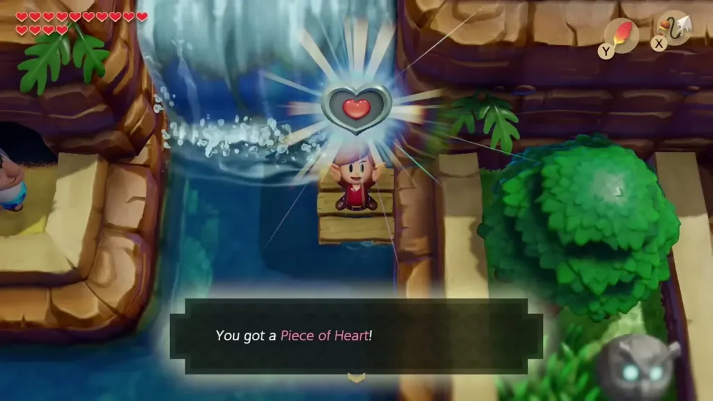 Link holding up a Piece of Heart on the raft with the item name box Link holding up a Piece of Heart on the raft with the item name box