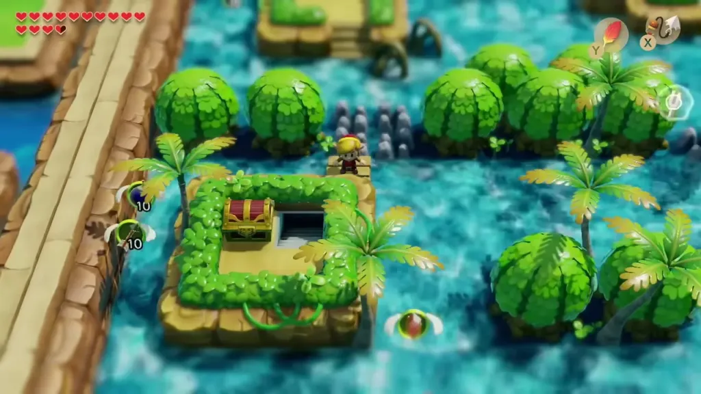 Raft passing a hedged island with a chest in the rapids Raft passing a hedged island with a chest in the rapids