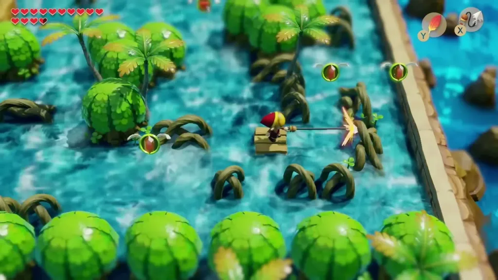 Link on the raft swinging at floating rupees in the Rapids Raid Link on the raft swinging at floating rupees in the Rapids Raid