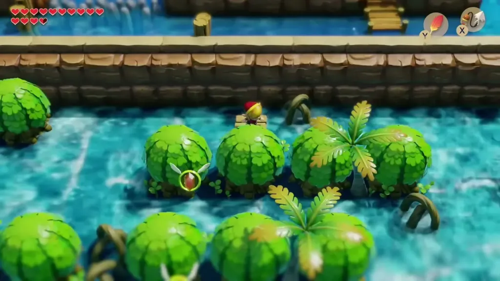 Link on the raft steering past rapids and rupee pickups Link on the raft steering past rapids and rupee pickups