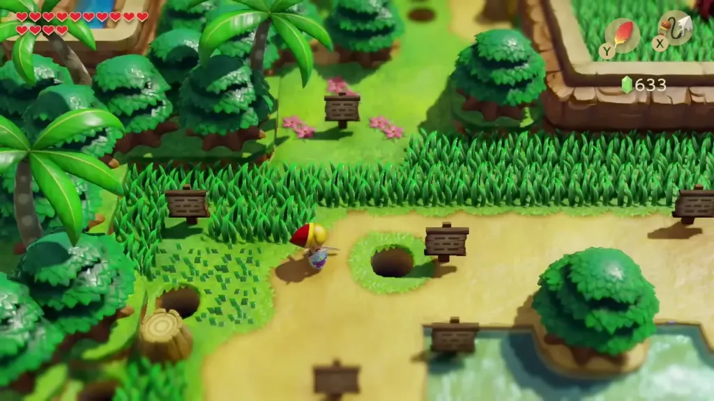 Link walking past signs and a hole in the Ukuku Prairie sign maze Link walking past signs and a hole in the Ukuku Prairie sign maze