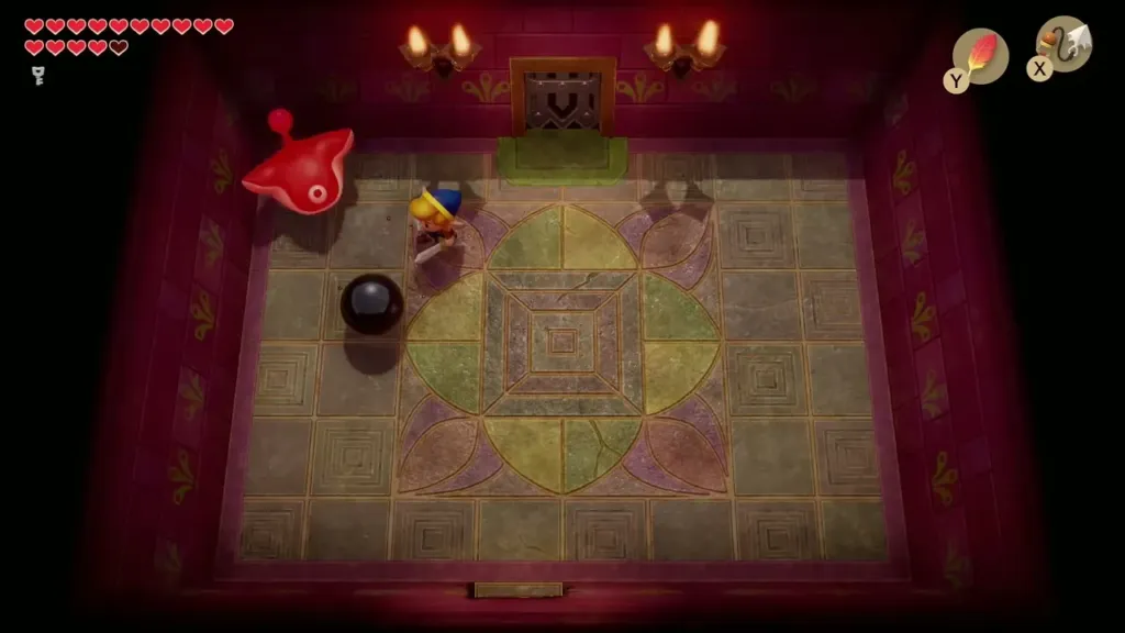 Link with sword out beside the black ball as Smasher is thrown back Link with sword out beside the black ball as Smasher is thrown back