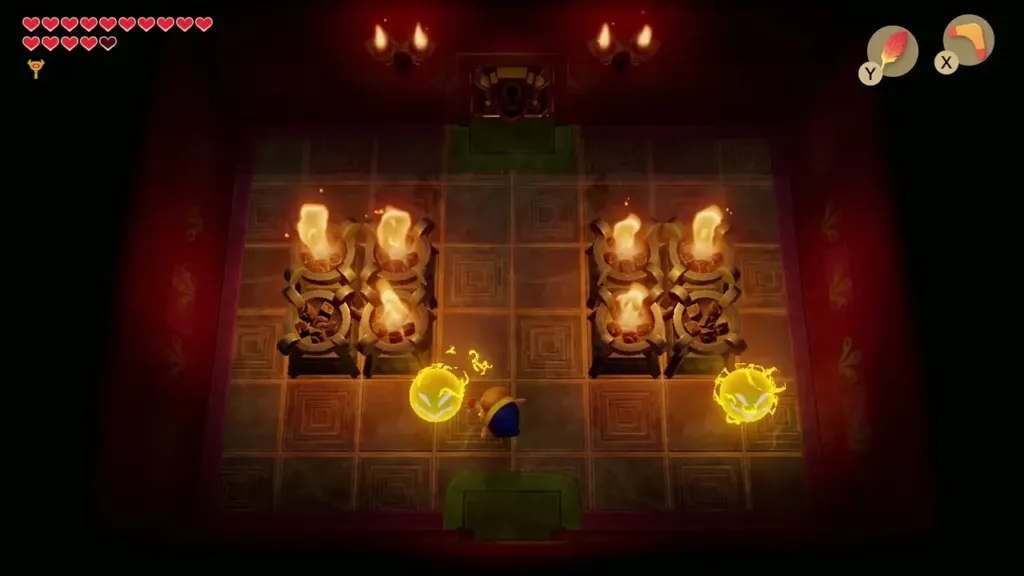 Torch room with burning torches and two Sparks circling Link Torch room with burning torches and two Sparks circling Link