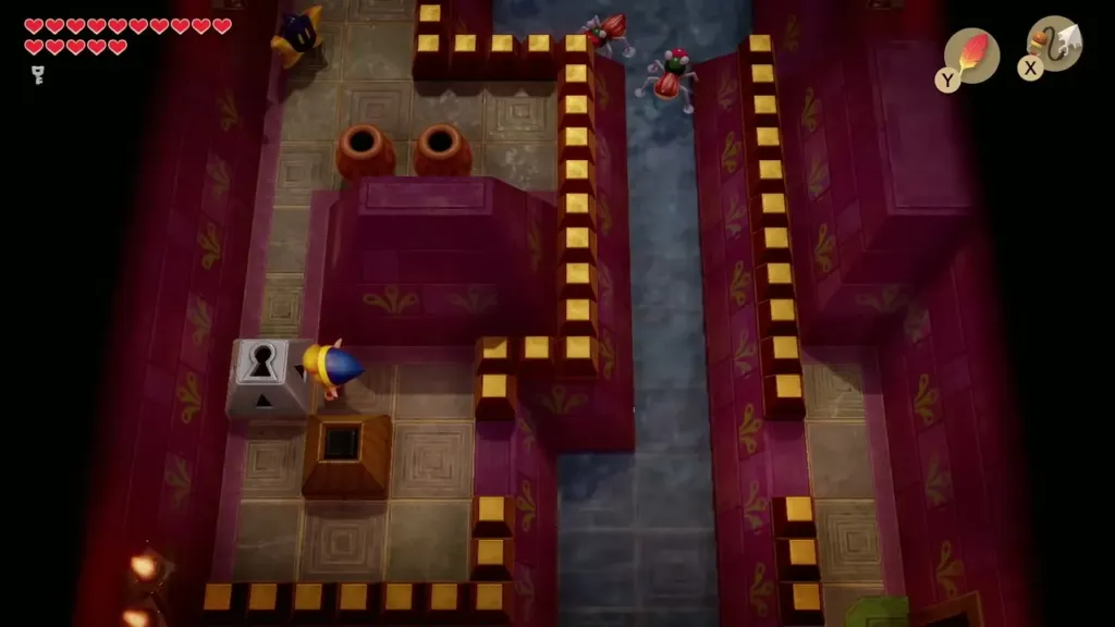 Link at a locked block beside a gap in the Thwomp area Link at a locked block beside a gap in the Thwomp area
