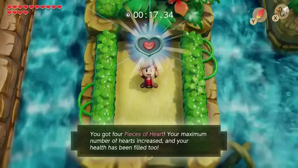 Link holding up the Piece of Heart found on the west-most island Link holding up the Piece of Heart found on the west-most island