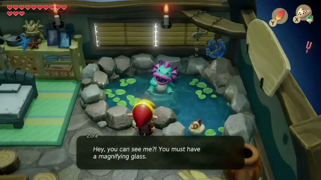 The Zora in his pond house saying Link can see him because he has a magnifying glass The Zora in his pond house saying Link can see him because he has a magnifying glass