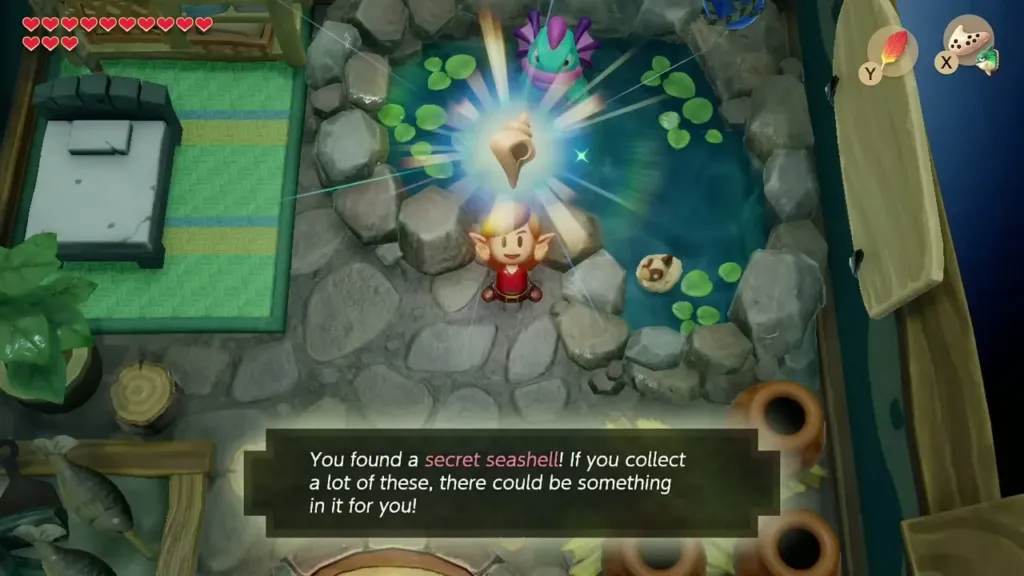 Link holding up a Secret Seashell in the Zora's house with its item box shown Link holding up a Secret Seashell in the Zora's house with its item box shown