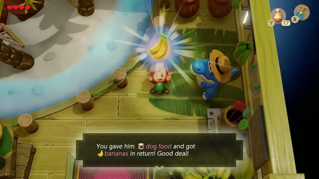Link holding up the bunch of Bananas with the trade message shown Link holding up the bunch of Bananas with the trade message shown