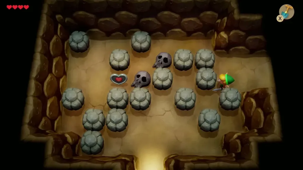 Link in a cave room with a Piece of Heart behind skulls and heavy rocks Link in a cave room with a Piece of Heart behind skulls and heavy rocks